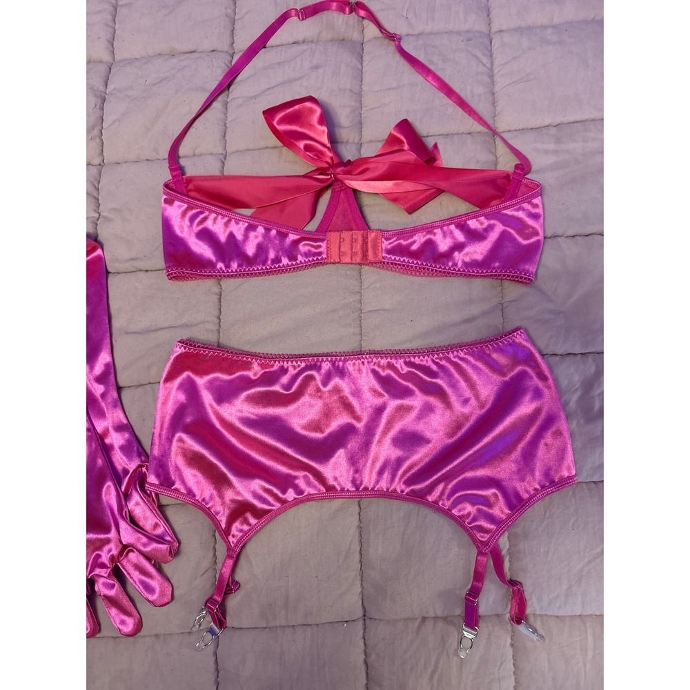 Pink Satin Dancer Lingerie Set Open Cup Bra Garter Skirt Gloves 4pc - Picture 4 of 7